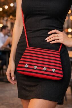 Vintage Whittall Shon Crossbody Purse Red Black Stripe Rhinestone Glam Bag 10x7